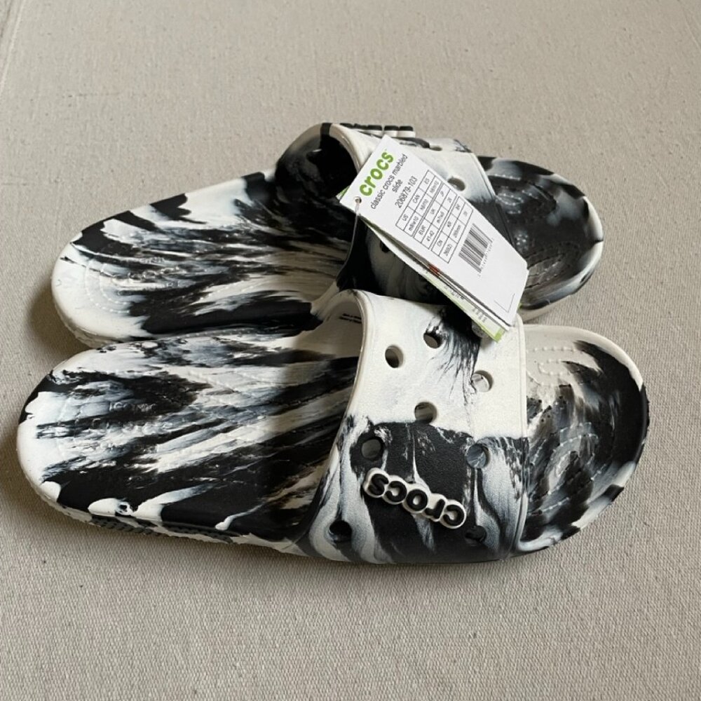 Croc Slides Black and White Marble - NWT